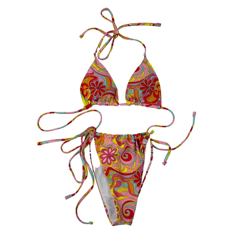 Unknown Brand - Triangle Halter Bikini Top & Tie Side Bottoms in Pink & Red